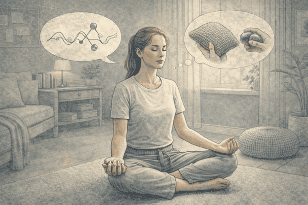 Person practicing mindfulness and grounding techniques by focusing on breathing and touching different textured objects to reconnect with physical sensations during dissociation.