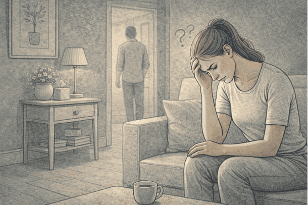 Woman feeling confused and guilty after snapping at her partner over a minor issue, showing the emotional aftermath of displaced anger.