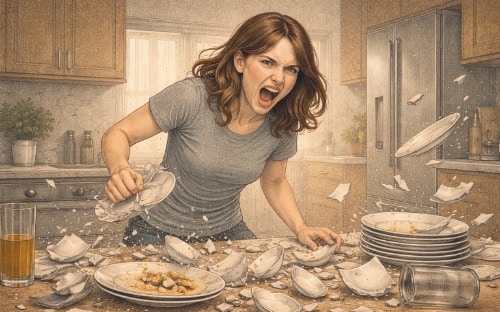 Illustration of a woman with IED screaming and breaking dishes during an intense episode at home.