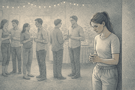 Individual exhibiting social anxiety symptoms like isolation and discomfort in a group setting.