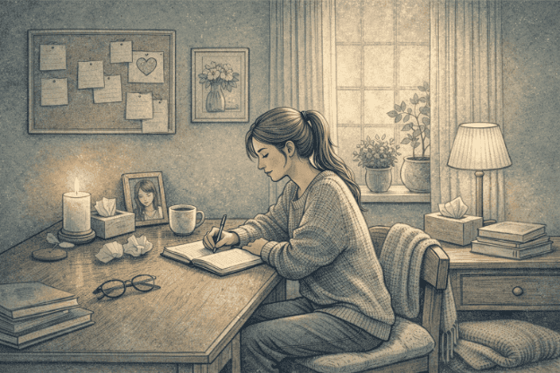 Woman writing in a private journal, documenting experiences as a coping strategy for emotional abuse.