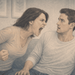 Illustration of a woman with IED angrily yelling at her husband during an intense emotional outburst in a living room.