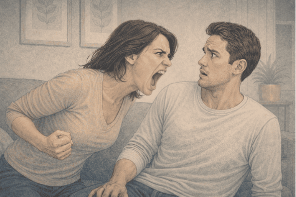 Illustration of a woman with IED angrily yelling at her husband during an intense emotional outburst in a living room.