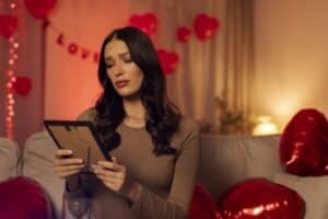 woman sitting alone on couch while looking at her phone