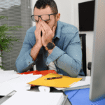 Man with his head in his hands in front of paperwork experiencing burnout vs clinical depression in professionals