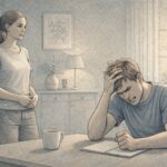 A person standing nearby, calm and steady, while a visibly frustrated individual sits at a table, with tense body language, illustrating the challenge of supporting someone with anger issues.