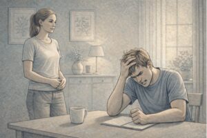 A person standing nearby, calm and steady, while a visibly frustrated individual sits at a table, with tense body language, illustrating the challenge of supporting someone with anger issues.