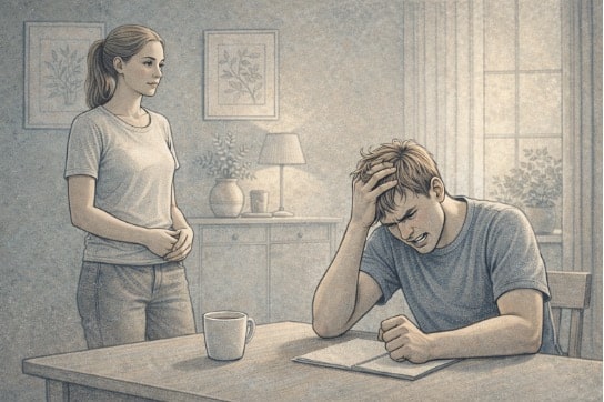 A person standing nearby, calm and steady, while a visibly frustrated individual sits at a table, with tense body language, illustrating the challenge of supporting someone with anger issues.