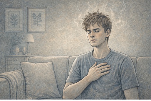 Person sitting quietly with eyes closed, hand on chest, noticing physical tension and early anger signals before a rage episode escalates.