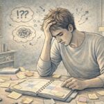 Adult sitting at a cluttered desk with an open planner and scattered sticky notes, looking frustrated while trying to organize their daily schedule.