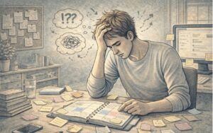 Adult sitting at a cluttered desk with an open planner and scattered sticky notes, looking frustrated while trying to organize their daily schedule.