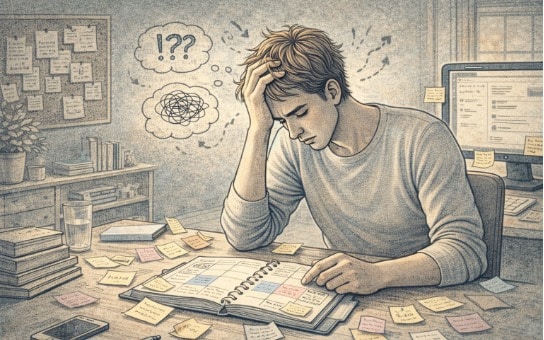 Adult sitting at a cluttered desk with an open planner and scattered sticky notes, looking frustrated while trying to organize their daily schedule.