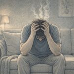 Adult sitting alone on a couch with their head in their hands, visibly overwhelmed and struggling to manage intense anger during a rage episode.