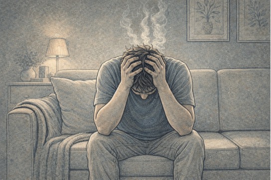 Adult sitting alone on a couch with their head in their hands, visibly overwhelmed and struggling to manage intense anger during a rage episode.