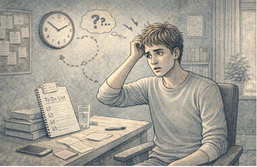 Person glancing at a clock with a confused expression while a list of uncompleted tasks sits beside them, representing the time blindness and planning difficulties associated with ADHD.