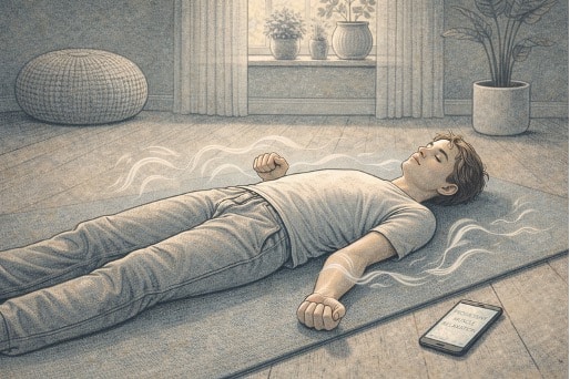 Person lying on a yoga mat with eyes closed, slowly releasing tension from clenched fists during a progressive muscle relaxation exercise.