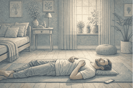 Adult lying on a yoga mat with eyes closed, one hand placed on their chest and one on their belly, practicing diaphragmatic breathing to reduce physical tension caused by anxiety.