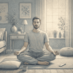 Adult sitting cross-legged on a yoga mat at home, eyes closed and hands resting on knees, practicing mindfulness meditation to ease feelings of anxiety and tension.