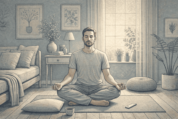 Adult sitting cross-legged on a yoga mat at home, eyes closed and hands resting on knees, practicing mindfulness meditation to ease feelings of anxiety and tension.