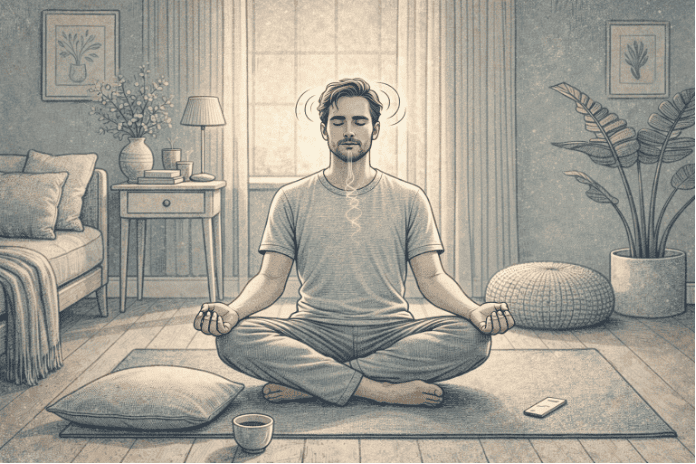 A person sitting cross-legged on a yoga mat, eyes closed and hands resting on their knees, practicing mindful breathing to cope with anxiety.