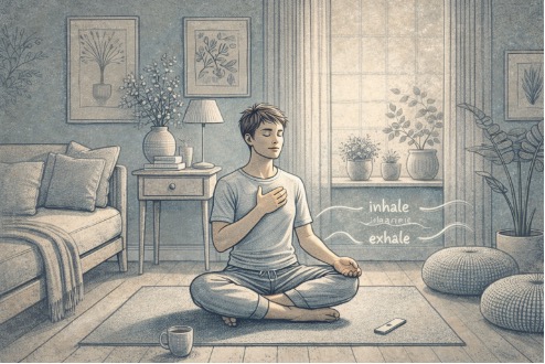 Person sitting cross-legged on a living room floor with eyes closed, practicing slow, deep breathing with one hand on their chest, visibly relaxed and focused on calming down.