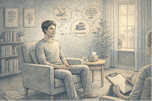 Person sitting calmly in a bright therapy room practicing a mindfulness exercise with eyes closed, actively engaging in a coping strategy for managing bipolar disorder symptoms.