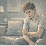 Adult sitting on a couch, gripping their forearm as muscles twitch involuntarily, with a tense expression reflecting anxiety and physical discomfort.