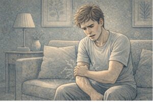 Adult sitting on a couch, gripping their forearm as muscles twitch involuntarily, with a tense expression reflecting anxiety and physical discomfort.