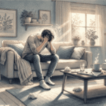 A person sitting on a couch with their head in their hands, appearing lightheaded and conveying the feeling of anxiety-related dizziness.