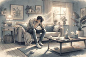 A person sitting on a couch with their head in their hands, appearing lightheaded and conveying the feeling of anxiety-related dizziness.