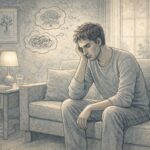 Adult sitting alone on a couch, looking contemplative and emotionally drained, with soft natural light coming through a window, reflecting the inner struggle of living with unrecognized bipolar symptoms.