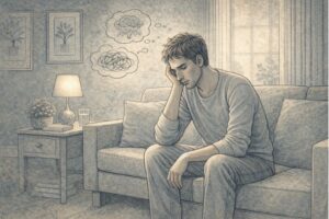 Adult sitting alone on a couch, looking contemplative and emotionally drained, with soft natural light coming through a window, reflecting the inner struggle of living with unrecognized bipolar symptoms.