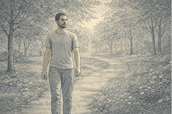 Adult walking along a tree-lined path outdoors, focusing on their steps and surroundings while practicing mindful walking to reduce anxiety and stress.