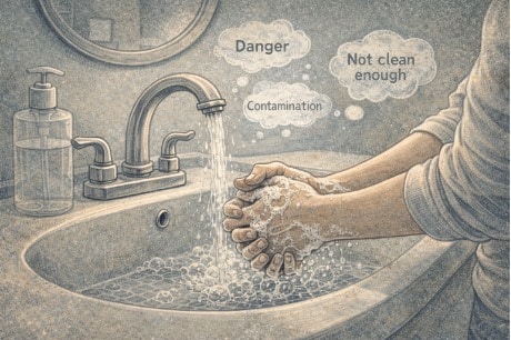 Close-up of a person repeatedly washing their hands at a sink, illustrating the compulsive behavior pattern common in OCD rituals driven by anxiety and intrusive thoughts.