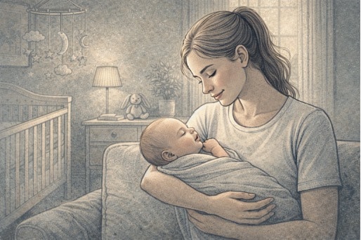 A mother gazing tenderly at her sleeping newborn in a softly lit nursery, evoking the quiet intensity of the postpartum period.