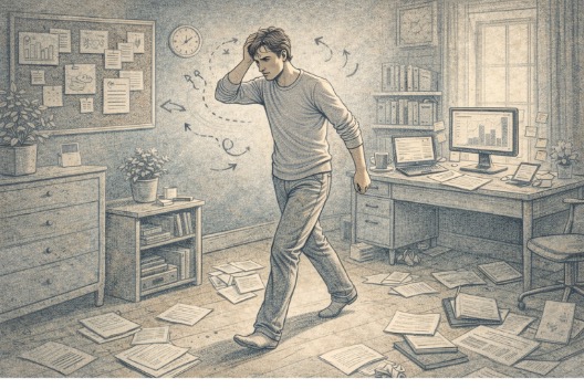 Adult pacing restlessly in a home office surrounded by scattered papers and multiple open projects, visually representing the high-energy, unfocused state of a hypomanic episode.