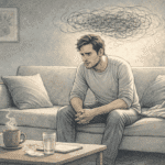 A person sitting alone on a couch with a tense expression, visually conveying the weight of anxious, spiraling thoughts in a quiet home setting.