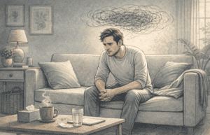 A person sitting alone on a couch with a tense expression, visually conveying the weight of anxious, spiraling thoughts in a quiet home setting.