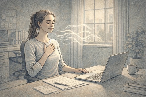 Woman sitting at a desk with one hand on her chest, practicing slow diaphragmatic breathing to stay calm during a stressful moment at work.