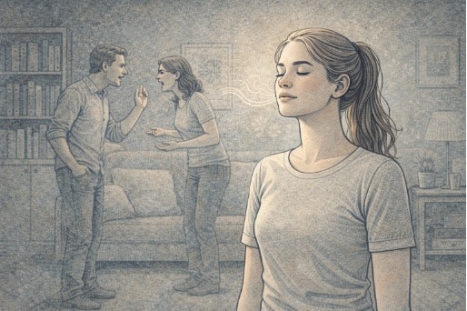 A person taking a slow, deliberate breath with eyes closed and a relaxed posture, actively managing their reaction before responding to a tense situation.