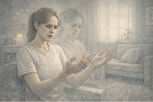Woman experiencing depersonalization, looking at her hands with confusion and detachment, surrounded by a dreamlike, foggy environment representing derealization symptoms.