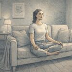 Adult sitting on a couch with eyes closed, hands resting on knees, practicing a calming grounding exercise in a quiet living room using the 5 grounding techniques for trauma