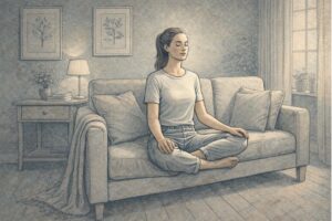 Adult sitting on a couch with eyes closed, hands resting on knees, practicing a calming grounding exercise in a quiet living room.