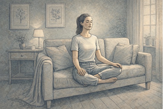 Adult sitting on a couch with eyes closed, hands resting on knees, practicing a calming grounding exercise in a quiet living room.