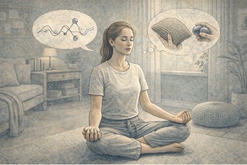 Person practicing mindfulness and grounding techniques by focusing on breathing and touching different textured objects to reconnect with physical sensations during dissociation.