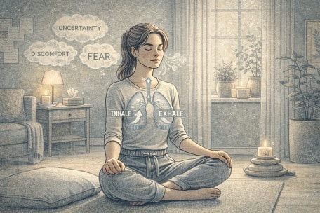 Person sitting calmly with eyes closed, practicing mindfulness breathing in a quiet room, actively building tolerance for discomfort as part of their OCD recovery process.
