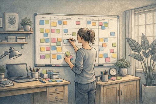 Person writing color-coded tasks on a whiteboard calendar in a bright home office, actively organizing their weekly schedule with sticky notes and markers.