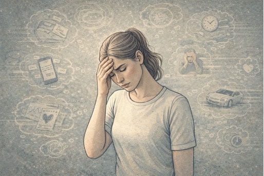 Woman with a troubled expression holding her forehead, surrounded by faint visual representations of racing, unwanted thoughts she cannot control.