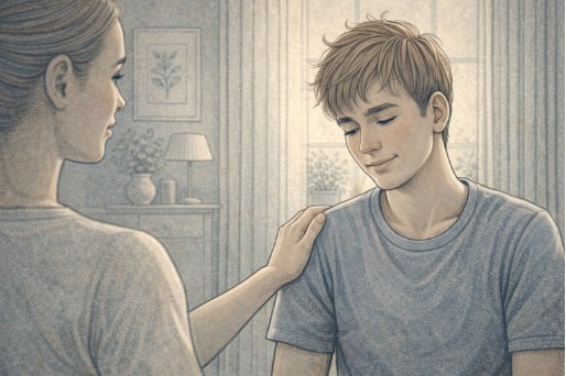 A woman gently places her hand on a young man's shoulder as he looks down, a soft smile on his face, in a warmly lit home setting.