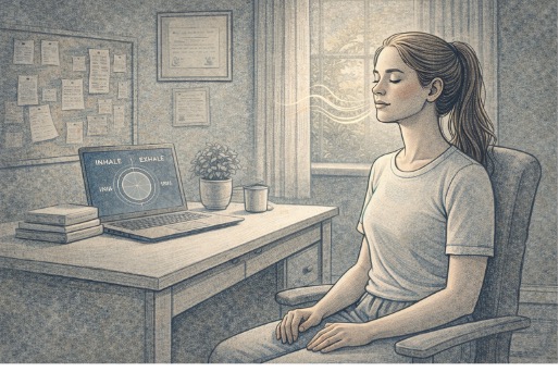 Person practicing deep breathing at a desk with eyes closed and hands resting calmly on their lap, actively using a relaxation technique to manage anger and emotional dysregulation.